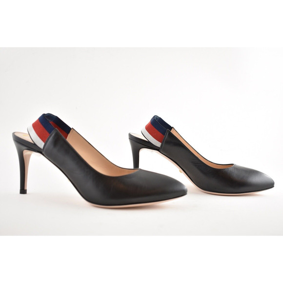 Gucci Sylvie 75 Black Leather Red Slingback Strap Sandal Mule Heel Pump 36.5 - Picture 4 of 12